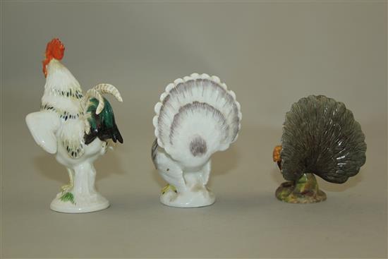 Three Meissen figures of a cockerel, a turkey and a peacock, late 19th century, 6.5cm-9cm